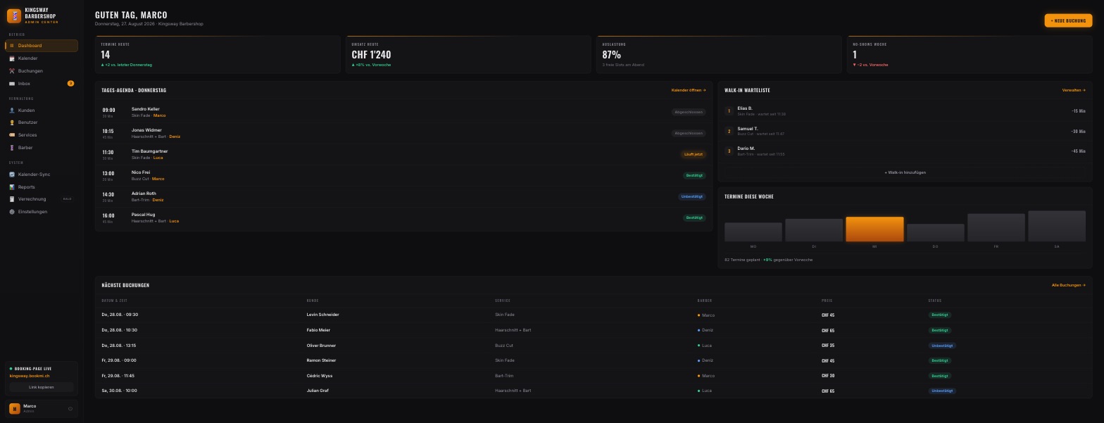 Bookmi Admin-Bereich: Dashboard mit Tages-Agenda und Umsatz