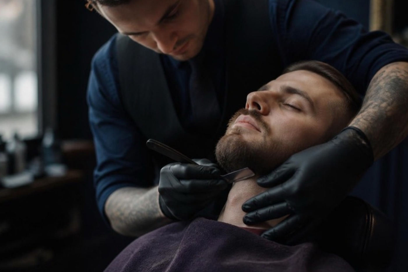 Barbier trimmt die Bartkontur mit dem Rasiermesser