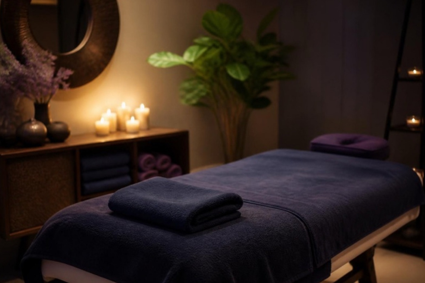 Vorbereiteter Massageraum mit Handtüchern und Kerzen