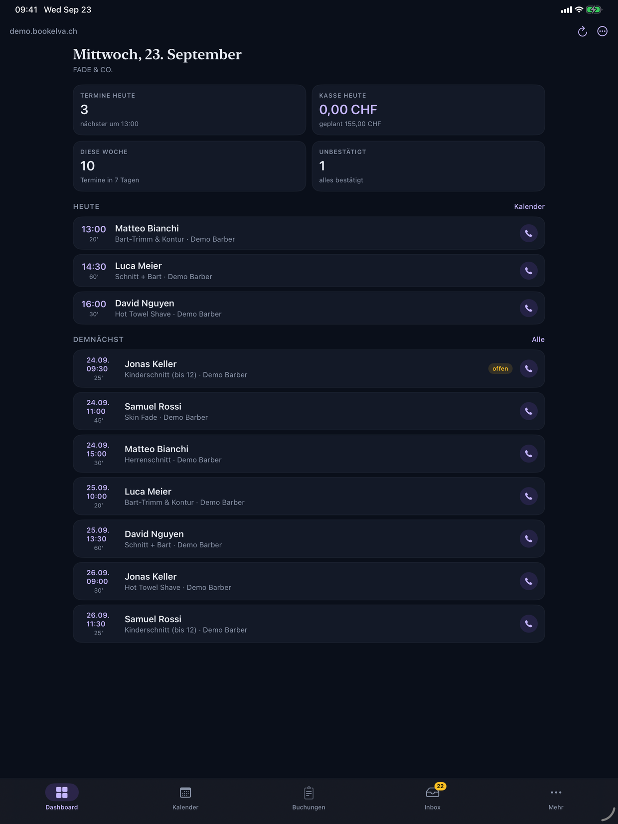 Bookelva Admin auf dem iPad: Dashboard