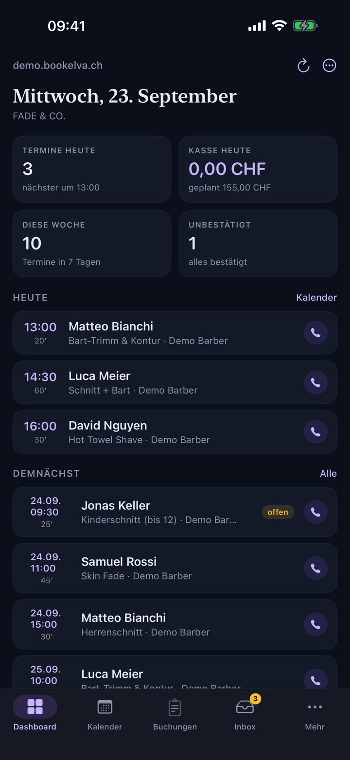 Bookelva Admin auf dem iPhone: Dashboard mit Terminen heute