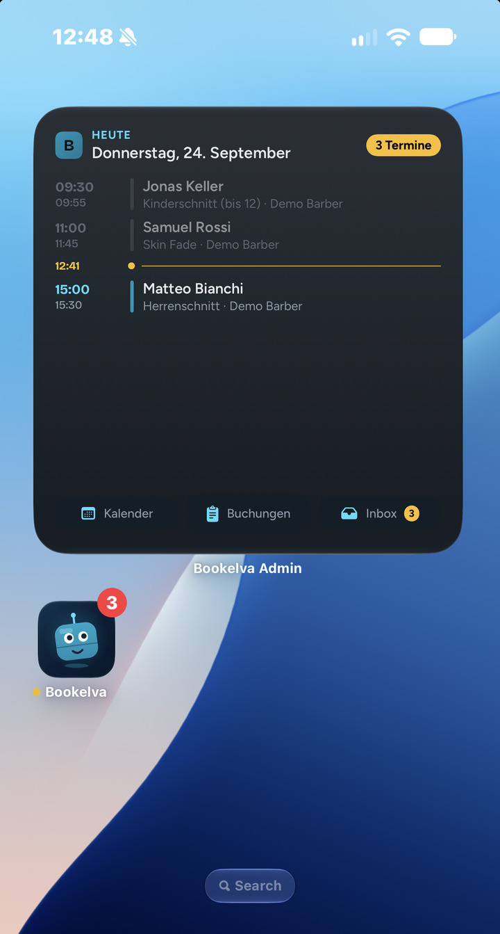 Bookelva-Widget auf dem iPhone-Homescreen: Tageskalender und Schnellzugriff