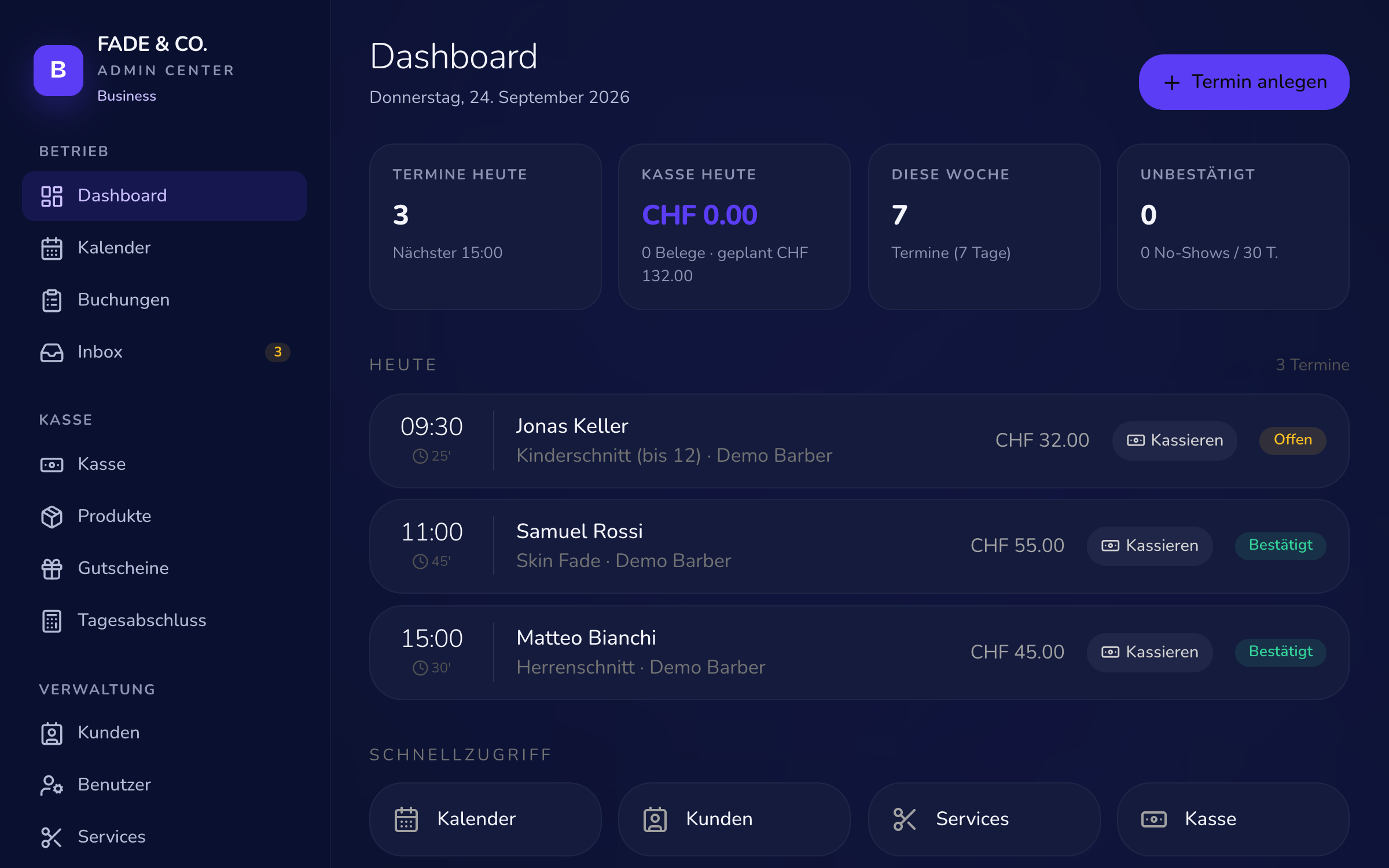 Bookelva Admin-Bereich: Dashboard mit Tages-Agenda und Kasse