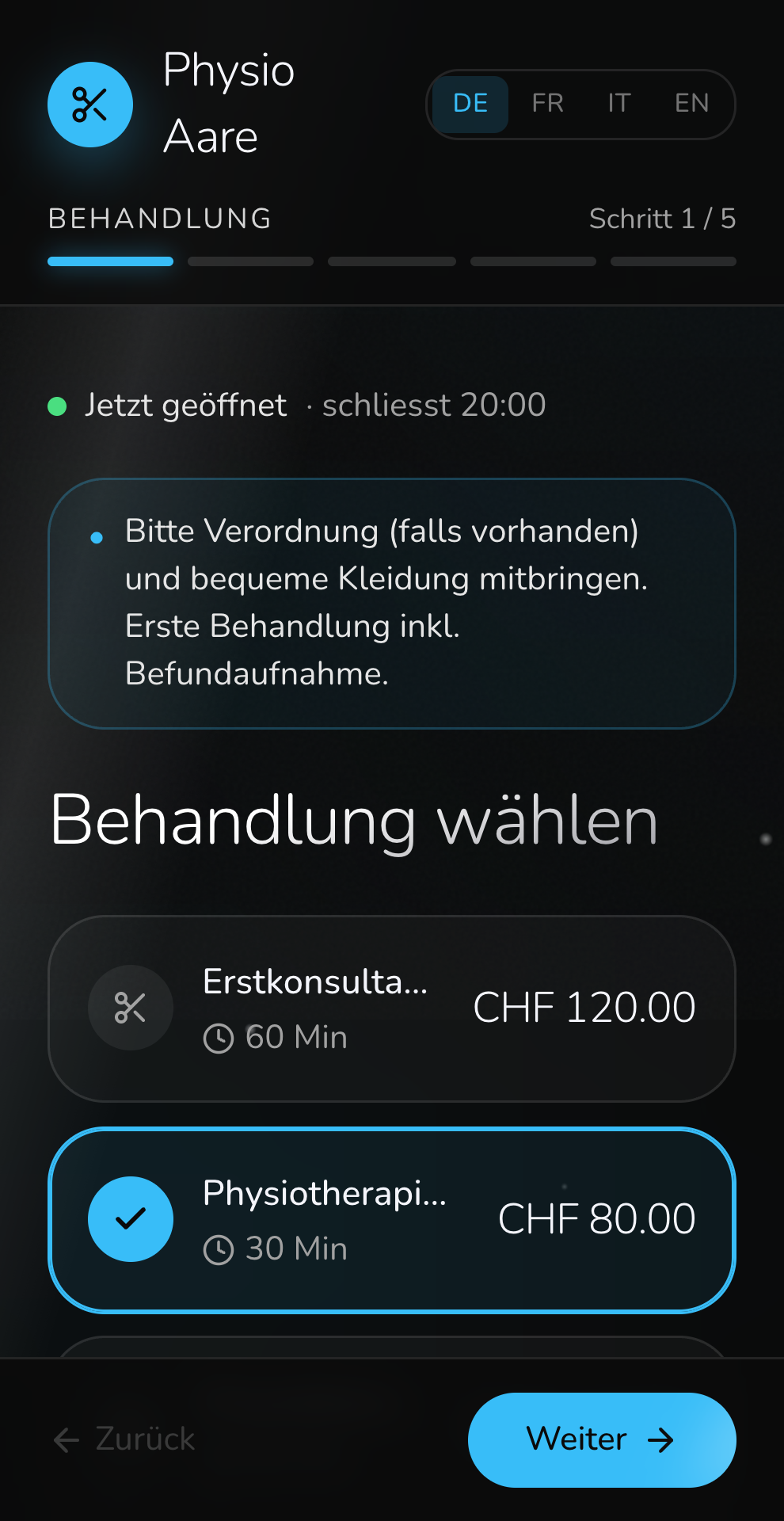 Bookelva Buchungsseite auf dem Handy: Service wählen