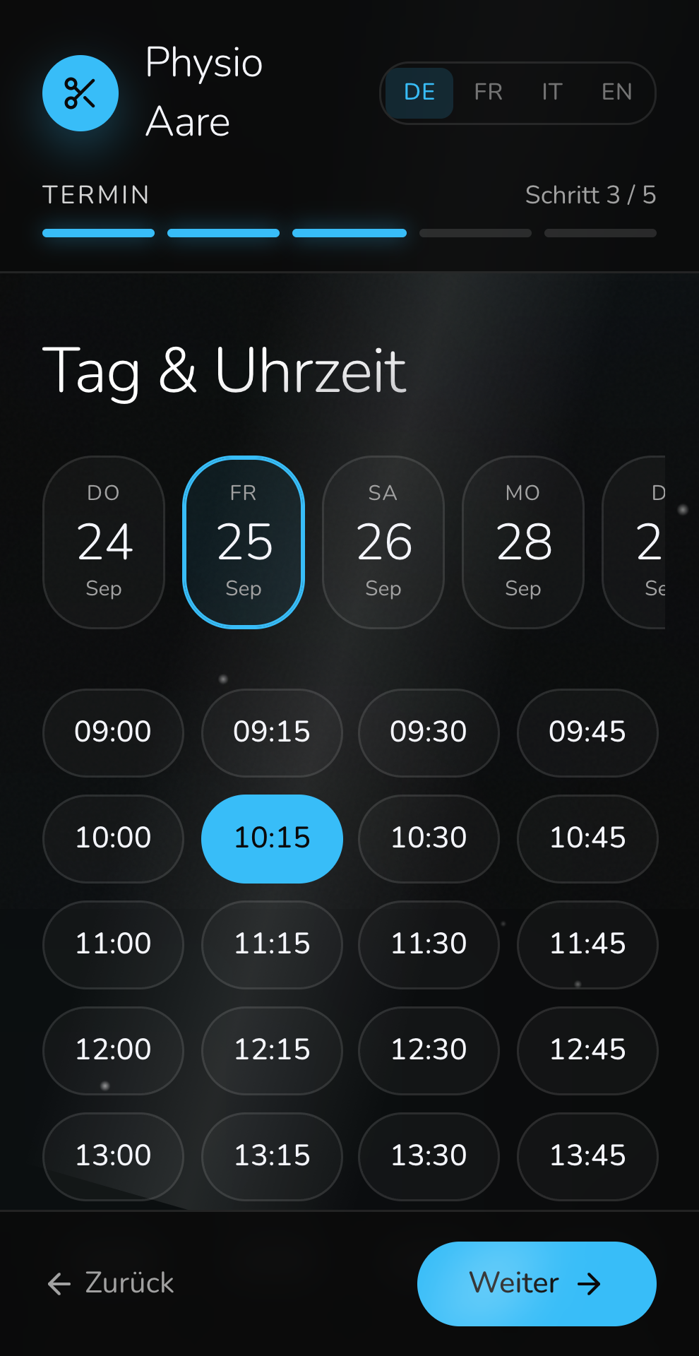 Bookelva Buchungsseite auf dem Handy: Tag und Uhrzeit wählen